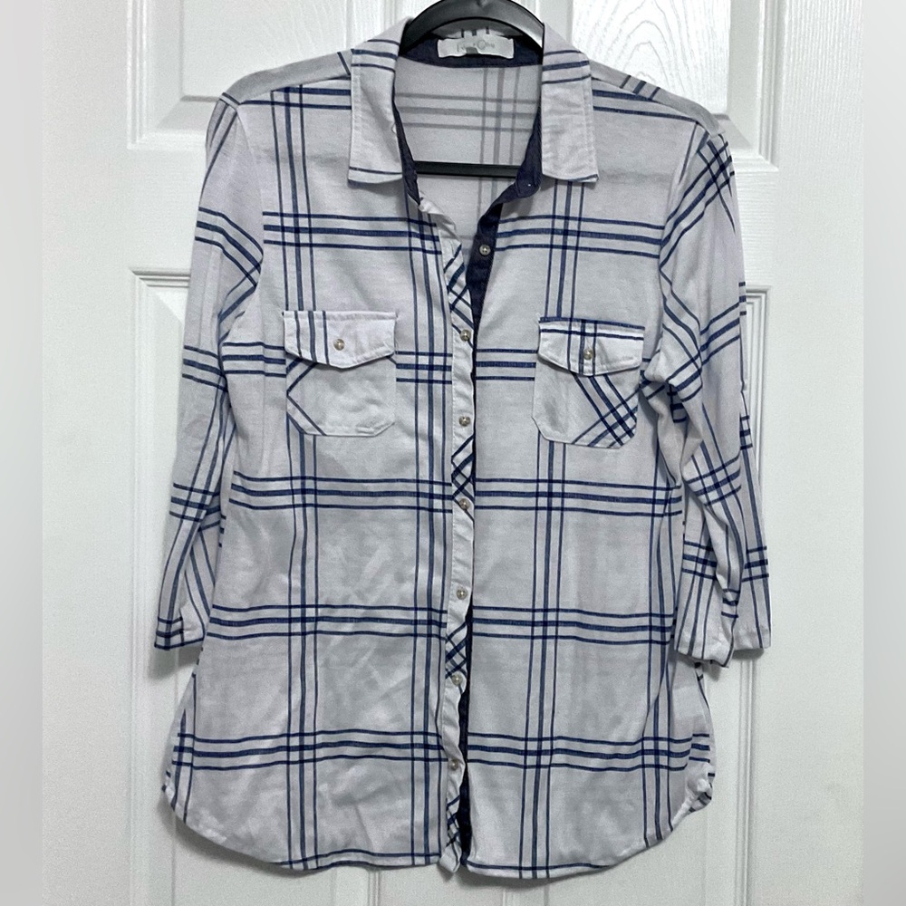 White and Blue Plaid Button Down Shirt - Picture 3 of 7